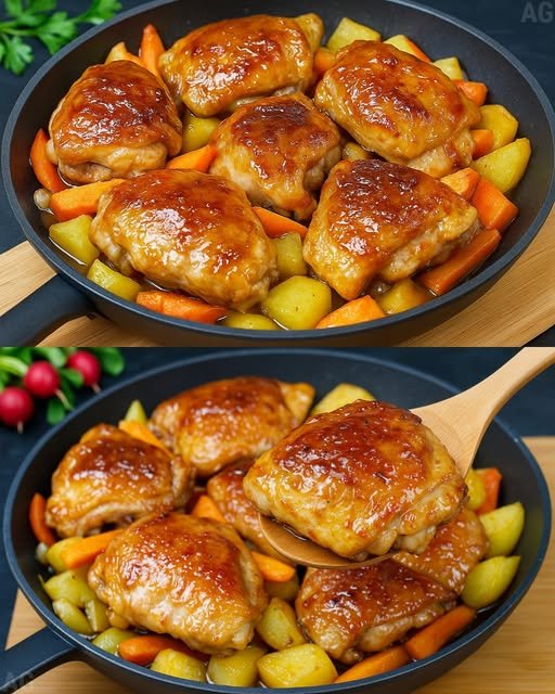 Frango Dourado com Batatas e Cenouras na Frigideira