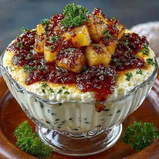 Creme de Queijos com Abacaxi Caramelizado e Geleia de Pimenta